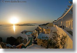 europe, fisheye lens, greece, horizontal, hotels, nature, ocean, overlooking, santorini, scenics, sky, sun, sunsets, photograph