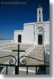 bell towers, buildings, churches, crosses, europe, greece, structures, tinos, vertical, white wash, photograph