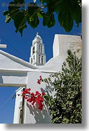 bell towers, bougainvilleas, buildings, churches, europe, gates, greece, red, structures, tinos, vertical, white wash, photograph