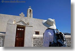 bell towers, buildings, churches, europe, gates, greece, horizontal, looking, structures, tinos, white wash, womens, photograph