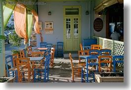 blues, chairs, curtains, doors, europe, greece, green, horizontal, oranges, tinos, photograph