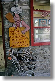 carts, cooking, europe, greece, greek, shopping, signs, tinos, vertical, woods, photograph
