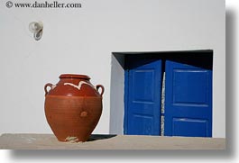 blues, doors, europe, greece, horizontal, pots, terracotta, tinos, photograph