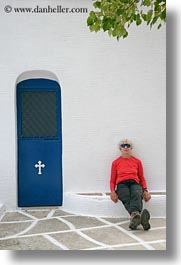 blues, clothes, doors, europe, greece, paula, people, red, senior citizen, shirts, sunglasses, tourists, vertical, womens, photograph
