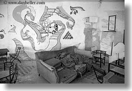 arts, black and white, budapest, couch, europe, graffiti, horizontal, hungary, photograph