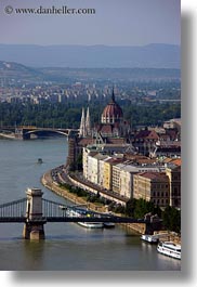 bridge, budapest, buildings, domes, europe, hungary, parliament, rivers, structures, vertical, views, photograph