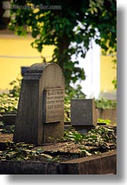 budapest, buildings, cemetary, europe, graves, headstones, hebrew, hungary, language, nature, plants, synagogue, trees, vertical, photograph