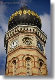 archways, budapest, buildings, clock tower, clocks, europe, exteriors, hungary, onion dome, religious, structures, synagogue, towers, vertical, photograph