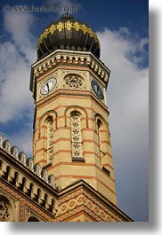 archways, budapest, buildings, clock tower, clocks, europe, exteriors, hungary, onion dome, religious, structures, synagogue, towers, vertical, photograph