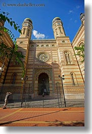 archways, budapest, buildings, clock tower, europe, exteriors, facades, hungary, structures, synagogue, towers, vertical, photograph