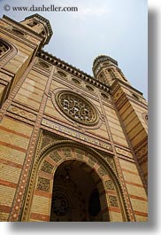 bricks, budapest, buildings, europe, exteriors, facades, hungary, jewish, materials, perspective, religious, synagogue, upview, vertical, photograph