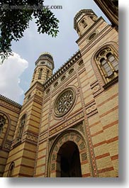 bricks, budapest, buildings, europe, exteriors, facades, hungary, jewish, materials, perspective, religious, synagogue, upview, vertical, photograph