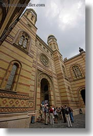 bricks, budapest, buildings, europe, exteriors, facades, hungary, jewish, materials, perspective, religious, synagogue, upview, vertical, photograph