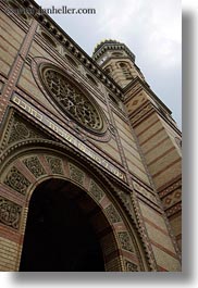 bricks, budapest, buildings, europe, exteriors, facades, hungary, jewish, materials, perspective, religious, synagogue, upview, vertical, photograph