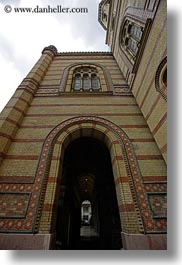 bricks, budapest, buildings, europe, exteriors, facades, hungary, jewish, materials, perspective, religious, synagogue, upview, vertical, photograph