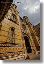 bricks, budapest, buildings, europe, exteriors, facades, hungary, jewish, materials, perspective, religious, synagogue, upview, vertical, photograph