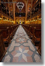 arts, budapest, buildings, europe, furniture, hungary, interiors, jewish, materials, mosaics, pews, religious, synagogue, temples, tiles, vertical, photograph