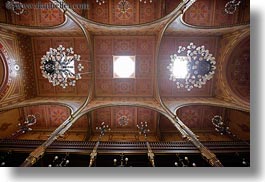 budapest, buildings, chandelier, europe, horizontal, hungary, interiors, jewish, lights, perspective, religious, synagogue, temples, upview, photograph