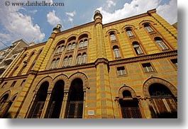 bricks, budapest, buildings, europe, facades, horizontal, hungary, jewish, materials, perspective, religious, synagogue, temples, upview, photograph