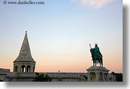 bronze, budapest, castle hill, castles, europe, horizontal, horses, hungary, materials, statues, towers, photograph