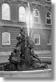 black and white, bronze, budapest, castle hill, europe, fountains, hungary, materials, statues, vertical, photograph