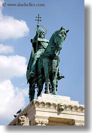 bronze, budapest, castle hill, clouds, europe, horses, hungary, kings, materials, nature, sky, statues, vertical, photograph