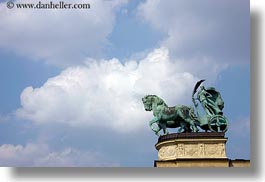 arts, bronze, budapest, chariots, clouds, europe, heroes square, horizontal, hungary, landmarks, materials, monument, nature, sky, transportation, photograph