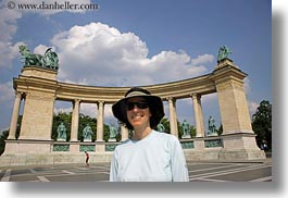 arts, bronze, budapest, clothes, clouds, europe, hats, heroes square, horizontal, hungary, landmarks, lori, materials, monument, nature, people, sky, statues, sunglasses, womens, photograph