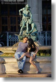 bronze, budapest, conceptual, couples, emotions, europe, hungary, men, people, romantic, smiles, statues, vertical, womens, photograph