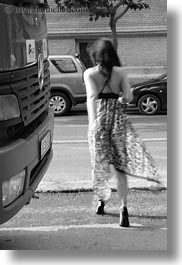 black and white, brunette, budapest, bus, europe, hair, hungary, people, sexy, vertical, walking, womens, photograph