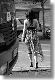 black and white, brunette, budapest, bus, europe, hair, hungary, people, sexy, vertical, walking, womens, photograph