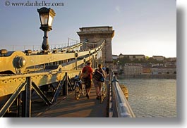 bikes, bridge, budapest, europe, horizontal, hungary, lamp posts, people, structures, szechenyi chain bridge, photograph