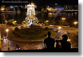 bridge, budapest, europe, horizontal, hungary, light streaks, lights, nite, people, structures, szechenyi chain bridge, viewing, photograph