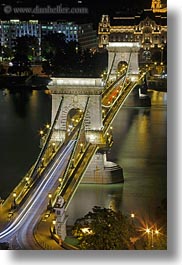 bridge, budapest, down, europe, hungary, light streaks, lights, long exposure, nite, structures, szechenyi chain bridge, tops, vertical, views, photograph