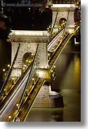 bridge, budapest, down, europe, hungary, light streaks, lights, long exposure, nite, structures, szechenyi chain bridge, tops, vertical, views, photograph