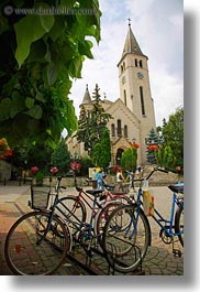 bikes, churches, europe, hungary, leaves, tarcal, vertical, photograph