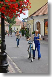 bicycles, bikes, europe, hungary, men, old, tarcal, vertical, walking, photograph