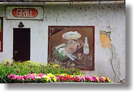 buildings, europe, flowers, horizontal, hungary, murals, tarcal, photograph