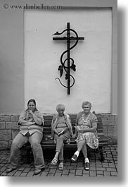 benches, black and white, crosses, emotions, europe, hungary, old, people, serious, tarcal, under, vertical, womens, photograph