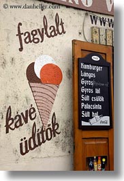europe, hungary, ice cream, menu, murals, signs, tarcal, vertical, photograph