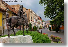 europe, flowers, horizontal, horses, hungary, statues, streets, tarcal, photograph