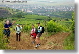 clothes, emotions, europe, fields, hats, hikers, hiking, horizontal, hungary, people, smiles, tokaj hills, photograph