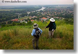 clothes, europe, hats, hikers, horizontal, hungary, overlooking, people, tokaj hills, towns, photograph