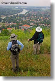 clothes, europe, hats, hikers, hungary, overlooking, people, tokaj hills, towns, vertical, photograph