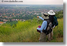 clothes, europe, hats, hikers, horizontal, hungary, overlooking, people, tokaj hills, towns, photograph
