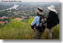 clothes, europe, hats, hikers, horizontal, hungary, overlooking, people, tokaj hills, towns, photograph