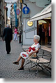 benches, bolzano, dolomites, europe, italy, old, people, vertical, womens, photograph