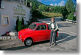 alto adige, bolzano group, cars, dolomites, europe, gang of six, horizontal, italy, red, sandy, photograph