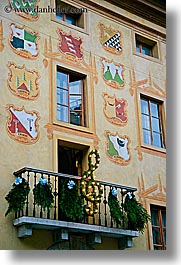 alto adige, cortina, dolomites, europe, families, italy, murals, shields, vertical, photograph