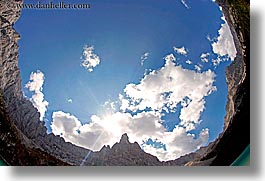 alto adige, cliffs, clouds, dolomites, europe, fisheye, fisheye lens, horizontal, italy, mountains, sun, photograph